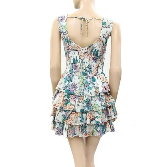 Love The Label Anthropologie Smocked Floral Printed Mini Dress Ruffle M